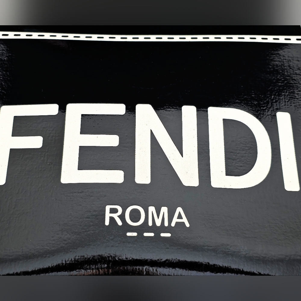 Fendi Medium Sunshine Shopper Black Patent Leather Canvas Trim Tote Shoulder Bag - Picture 7 of 14